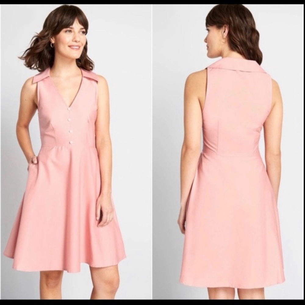 MODCLOTH “Mod as Well” Pink Cotton Dress V-Neck Sleeveless
